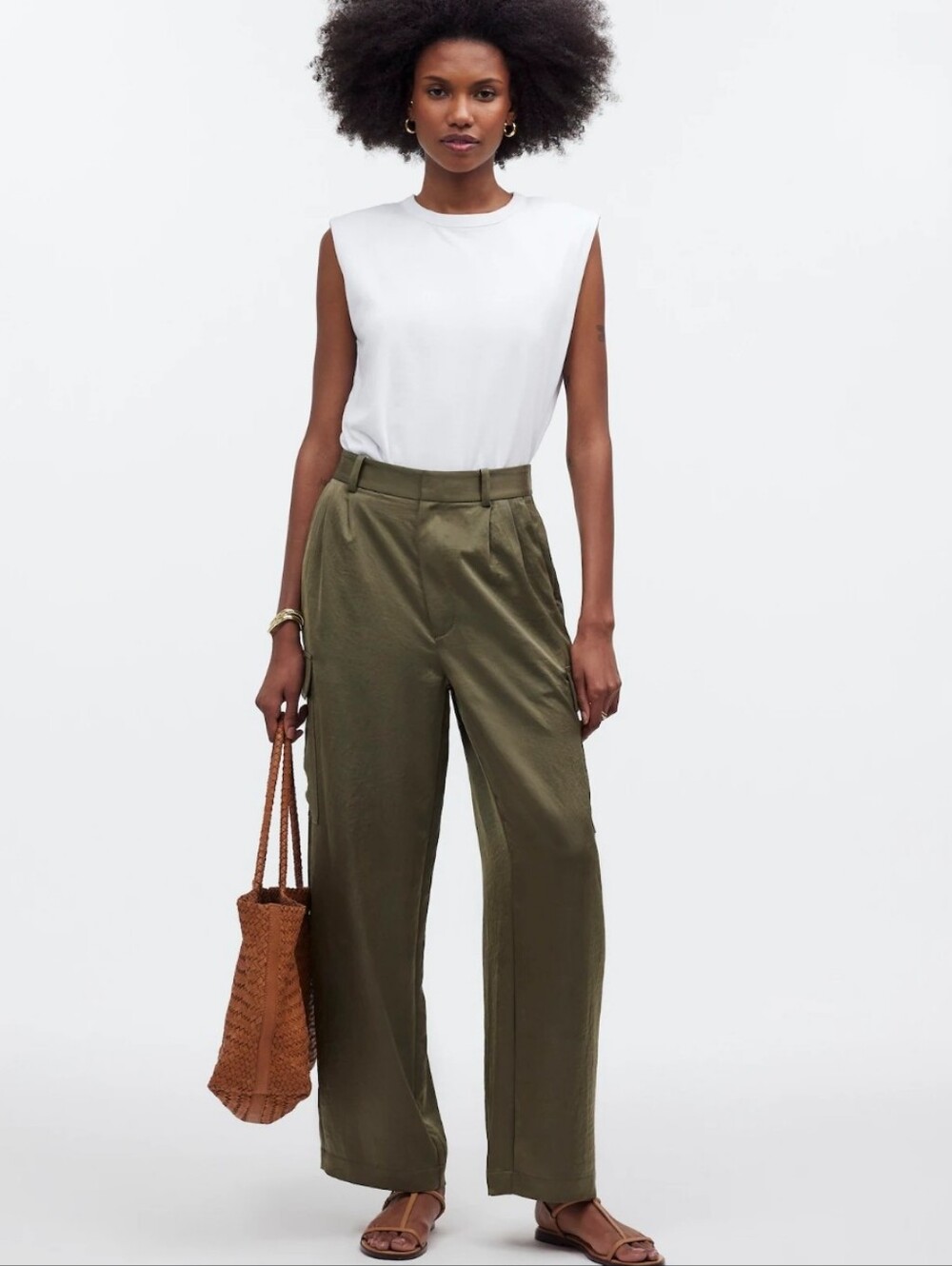 Madewell High-Rise Straight Cargo Trousers in Satin Worn Olive Size 8